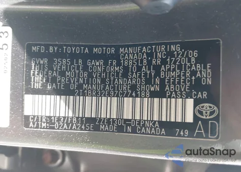 2007 Toyota Corolla Le z USA, uszkodzony, nr VIN 2T1BR32E97C774188